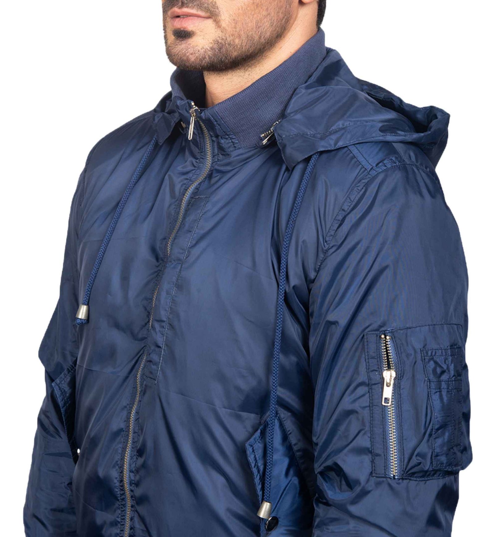 Navy Blue Nylon Bomber Jacket - Image 3