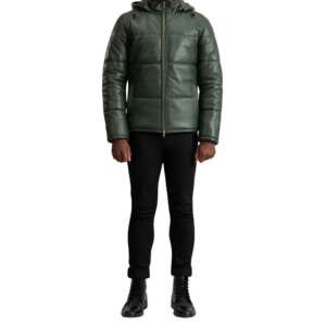 Forest Green Leather Puffer Jacket