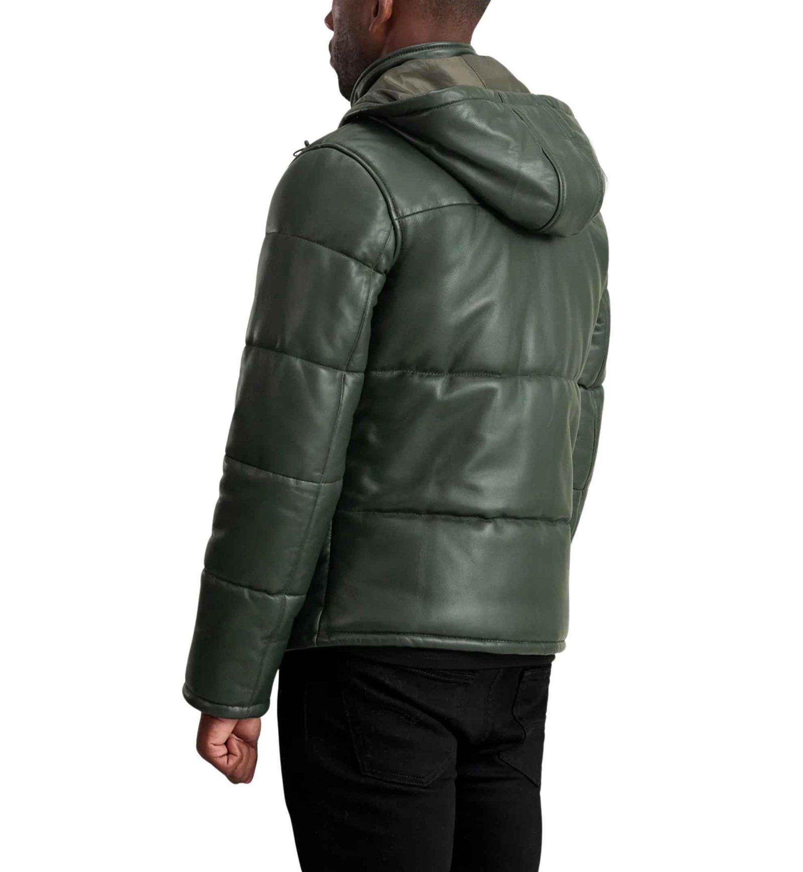 Forest Green Leather Puffer Jacket - Image 4