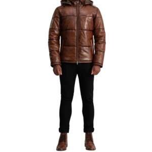 Waxed Brown Leather Puffer Jacket