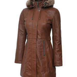 Brown Leather Fur-Hooded Winter Coat