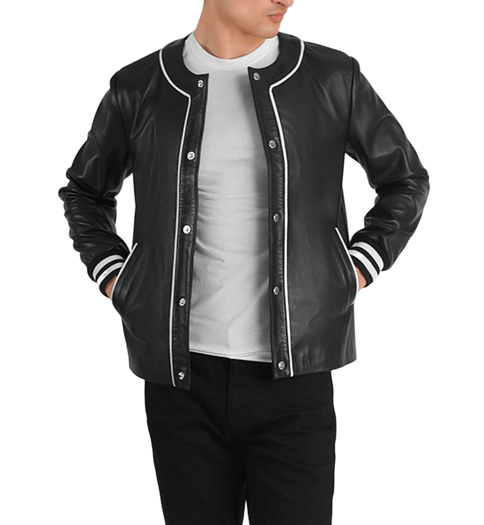 Collarless Black Varsity Jacket - Image 6