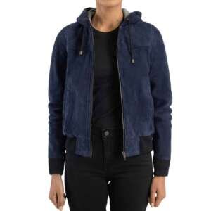 Cascade Blue Hooded Suede Bomber